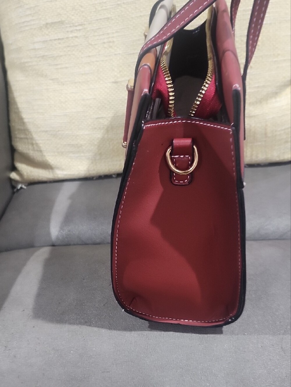 Patchwork Cream, Brown & Burgundy Paneled Tote/Crossbody - Picture 5 of 7